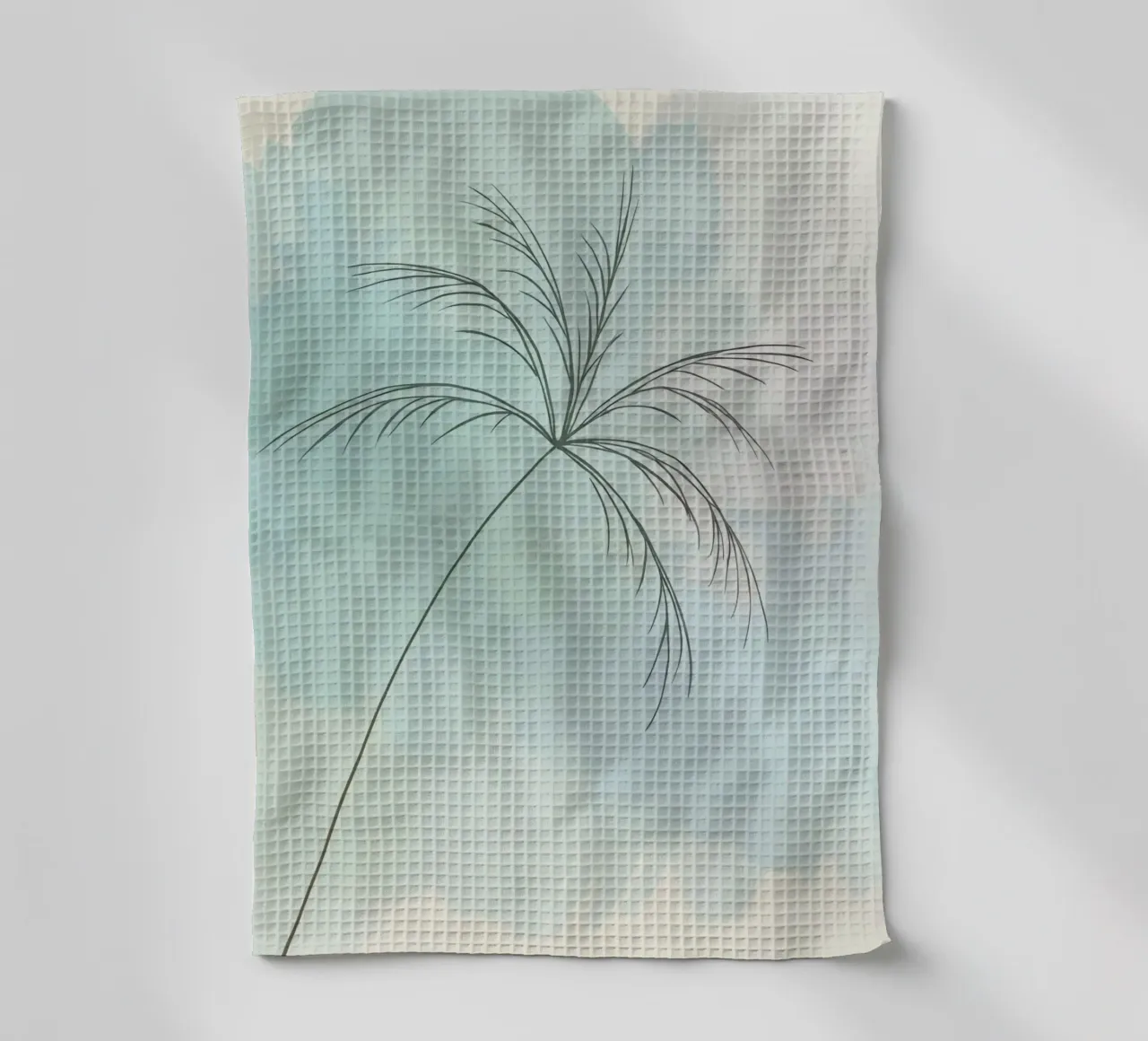 Stylized palm tree silhouette against a soft pastel backdrop tea towel by DesignDoodle