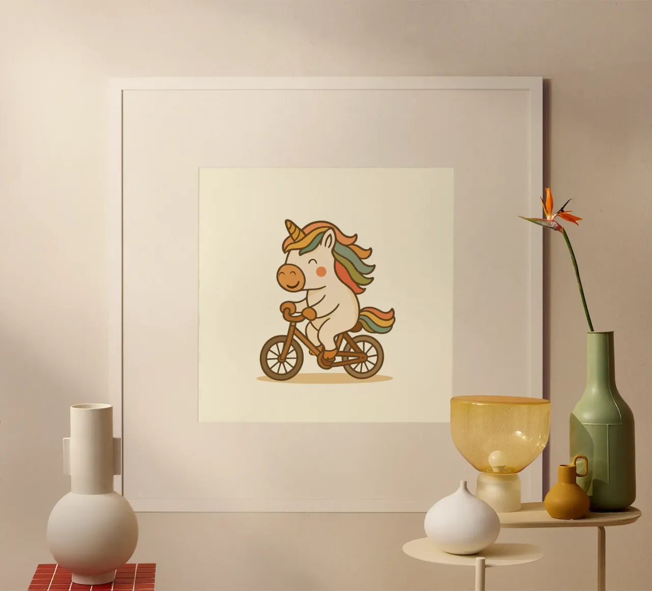 Unicorno felice con criniera colorata cavalca felicemente una bicicletta poster con telaio in legno da namosh