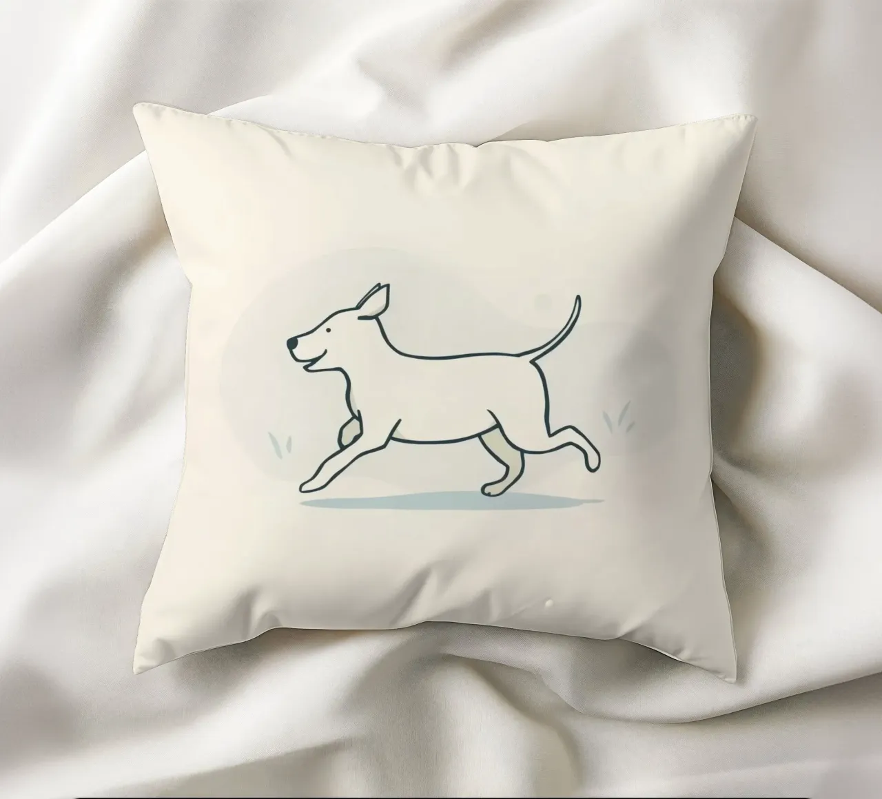 Un cane felice corre giocoso in un campo erboso in una giornata di sole cuscino da DesignDoodle