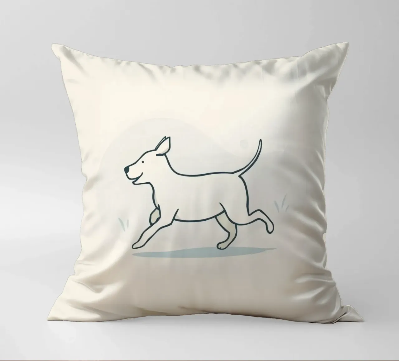 Un cane felice corre giocoso in un campo erboso in una giornata di sole cuscino da DesignDoodle
