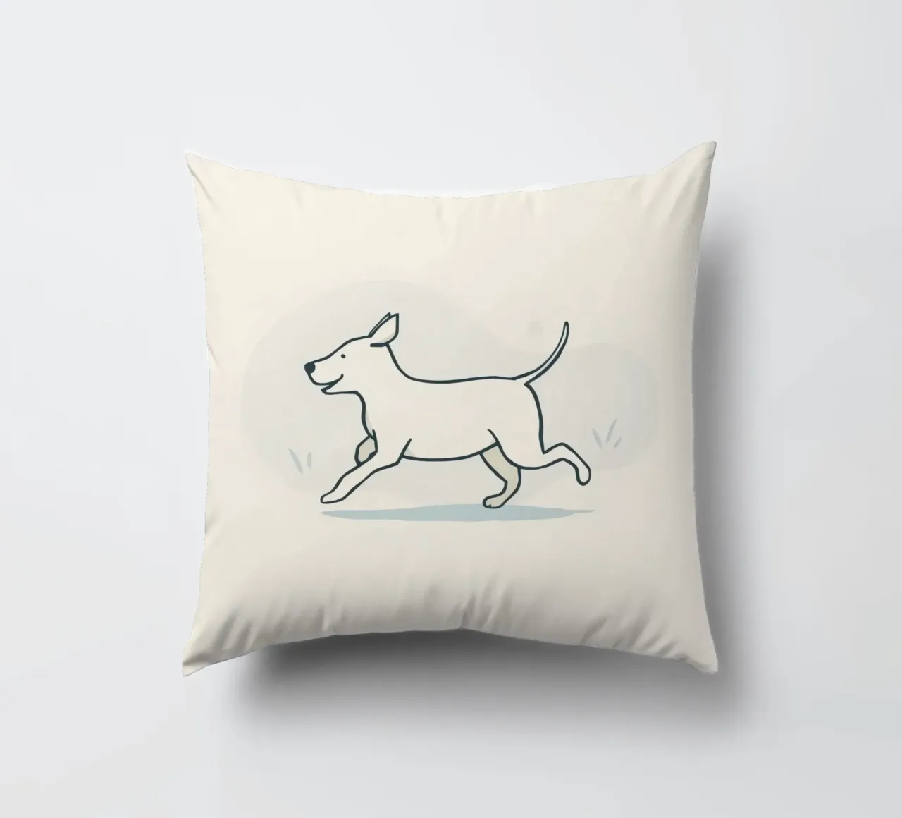 Un cane felice corre giocoso in un campo erboso in una giornata di sole cuscino da DesignDoodle