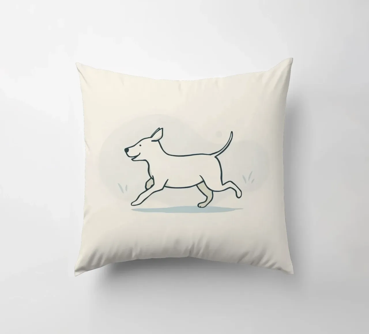 Un cane felice corre giocoso in un campo erboso in una giornata di sole cuscino da DesignDoodle