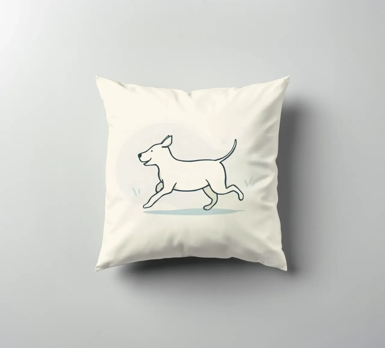 Un cane felice corre giocoso in un campo erboso in una giornata di sole cuscino da DesignDoodle