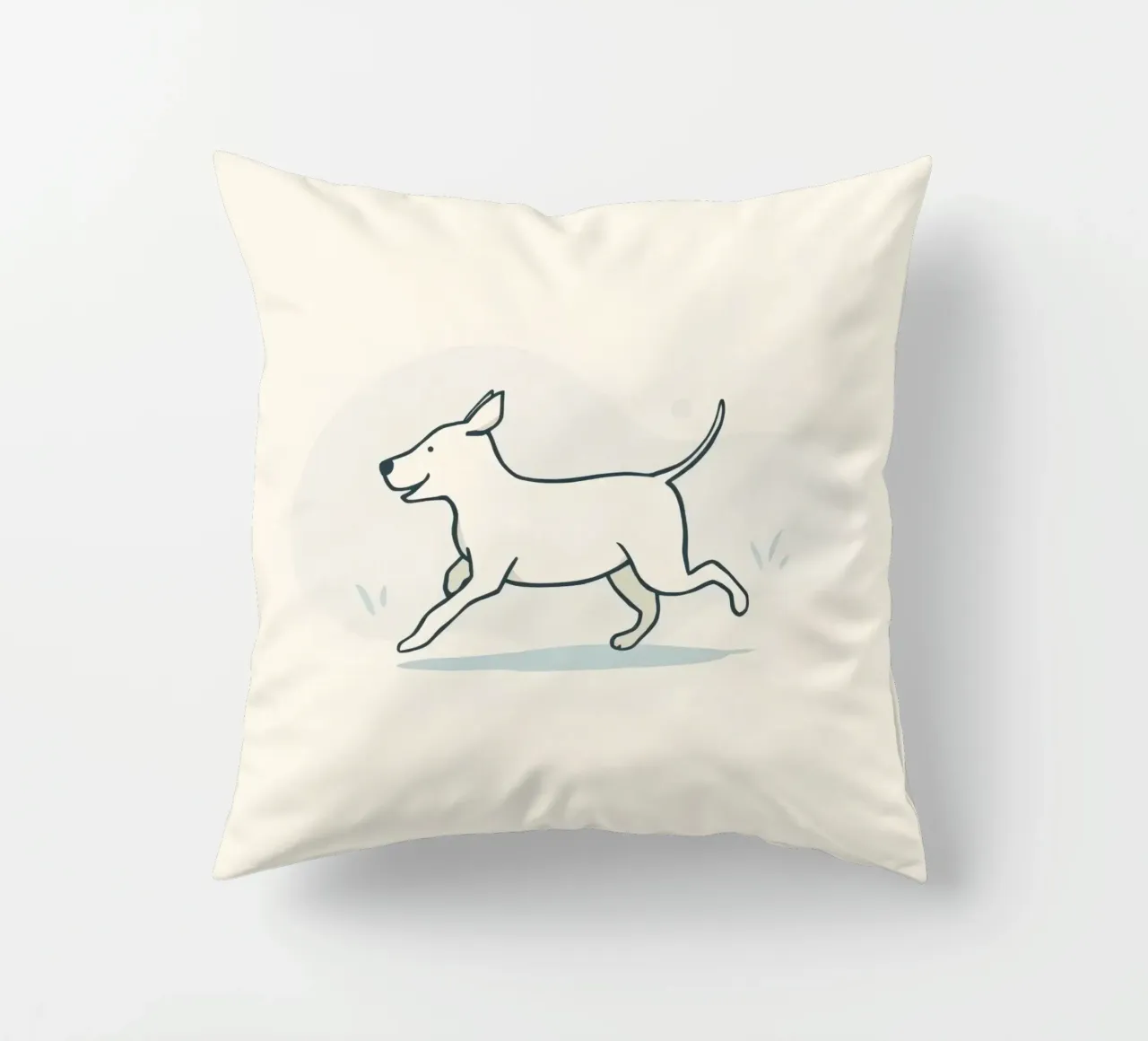 Un cane felice corre giocoso in un campo erboso in una giornata di sole cuscino da DesignDoodle