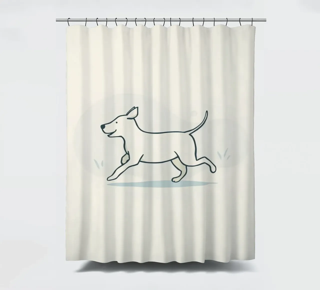 Un chien heureux court en jouant dans un champ herbeux par une journée ensoleillée. rideau de douche de DesignDoodle