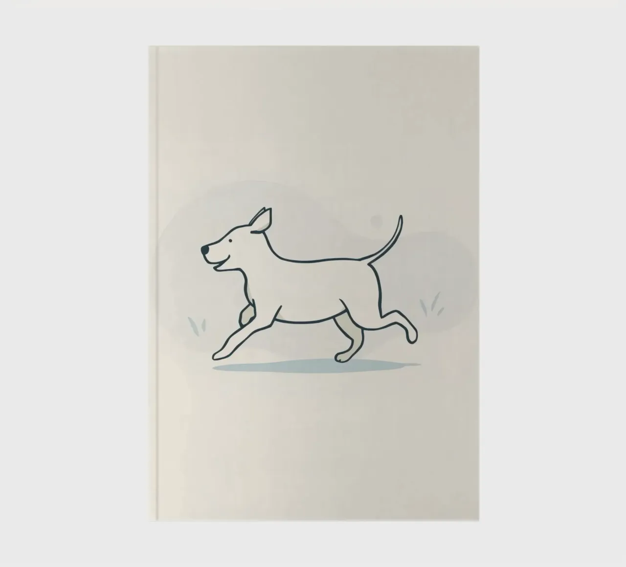 Un chien heureux court en jouant dans un champ herbeux par une journée ensoleillée. carnet de notes de DesignDoodle
