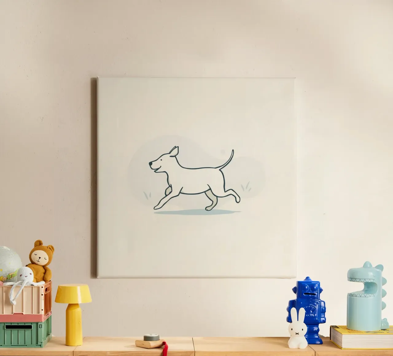 Happy dog runs playfully across a grassy field on sunny day canvas by DesignDoodle
