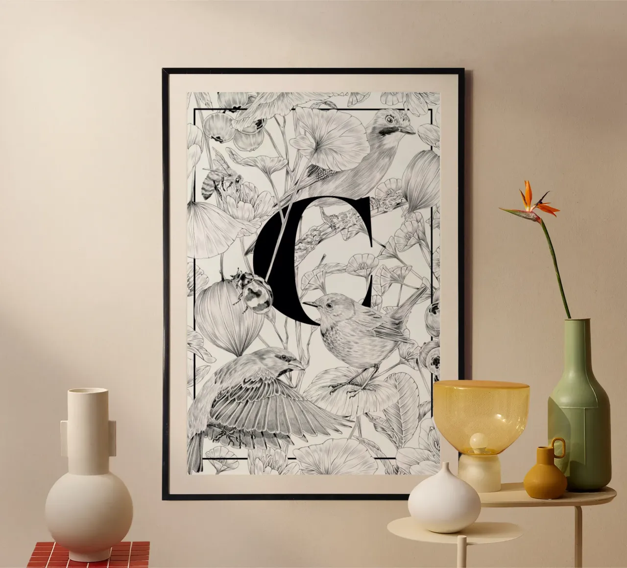 Floral Alphabet C poster con telaio in plastica da Faunesque