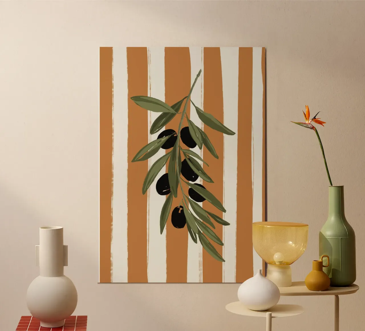 Olives on orange stripes poster with aluminum frame by Sixmai