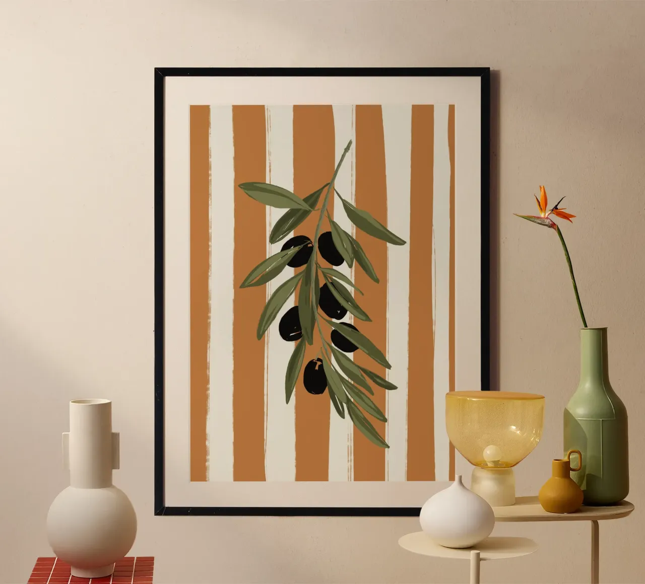 Olives on orange stripes poster with aluminum frame by Sixmai