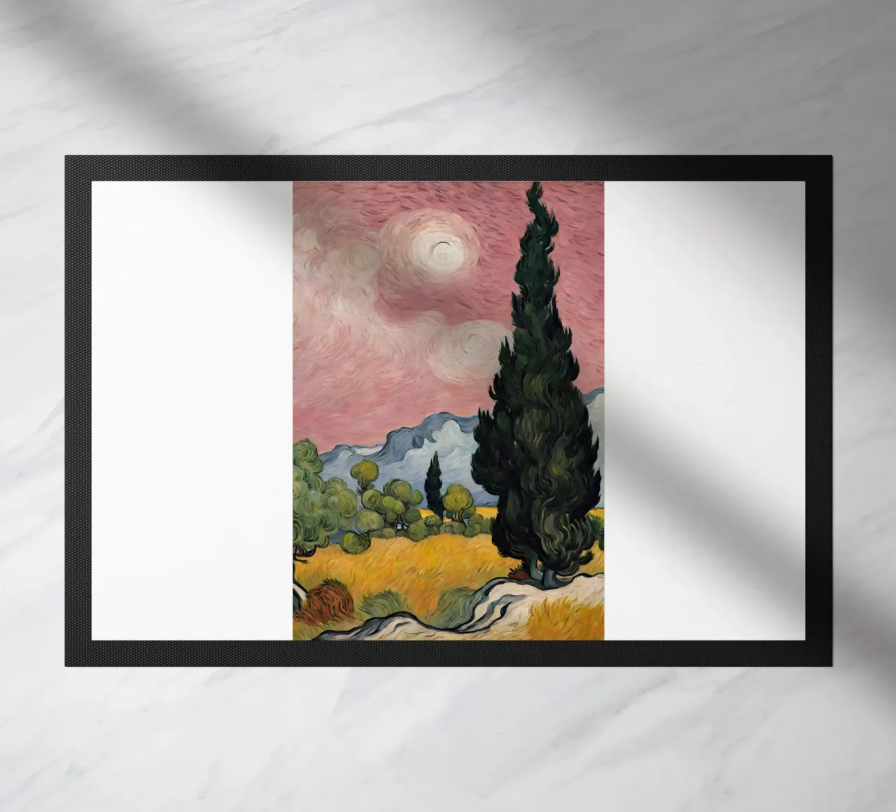 view of pine trees under pink sky doormat by Piper Shop Oke