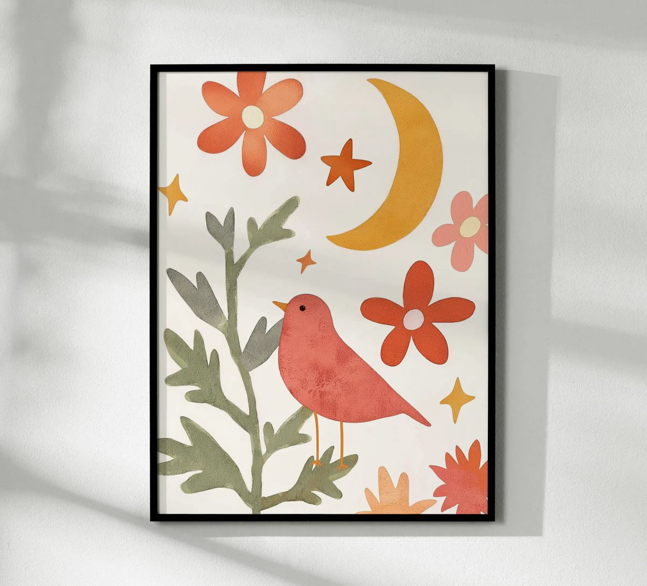 Art mural céleste Boho Moon Garden Cute Bird and Floral poster de Gentle Echoes Art