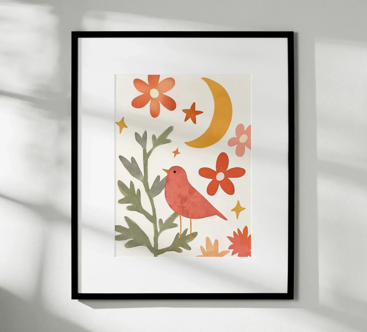 Boho Moon Garden Uccello carino e arte murale floreale celeste poster con telaio in legno da Gentle Echoes Art