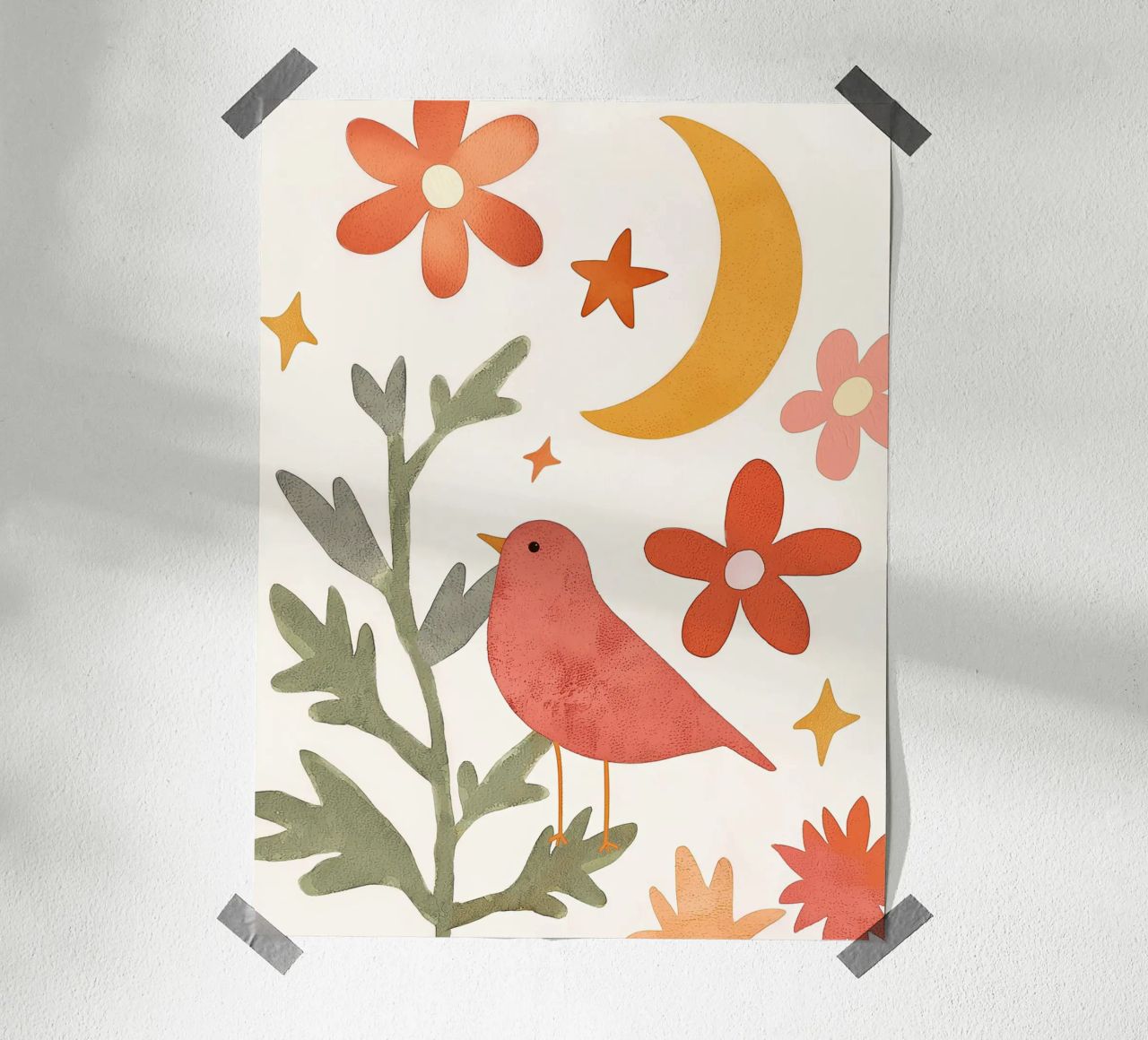 Art mural céleste Boho Moon Garden Cute Bird and Floral poster de Gentle Echoes Art