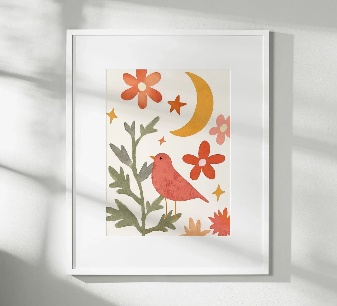 Art mural céleste Boho Moon Garden Cute Bird and Floral poster de Gentle Echoes Art