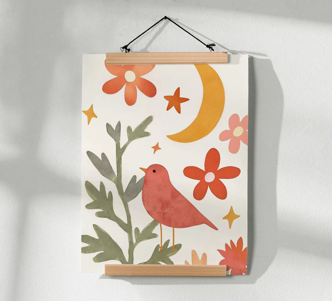 Art mural céleste Boho Moon Garden Cute Bird and Floral poster de Gentle Echoes Art