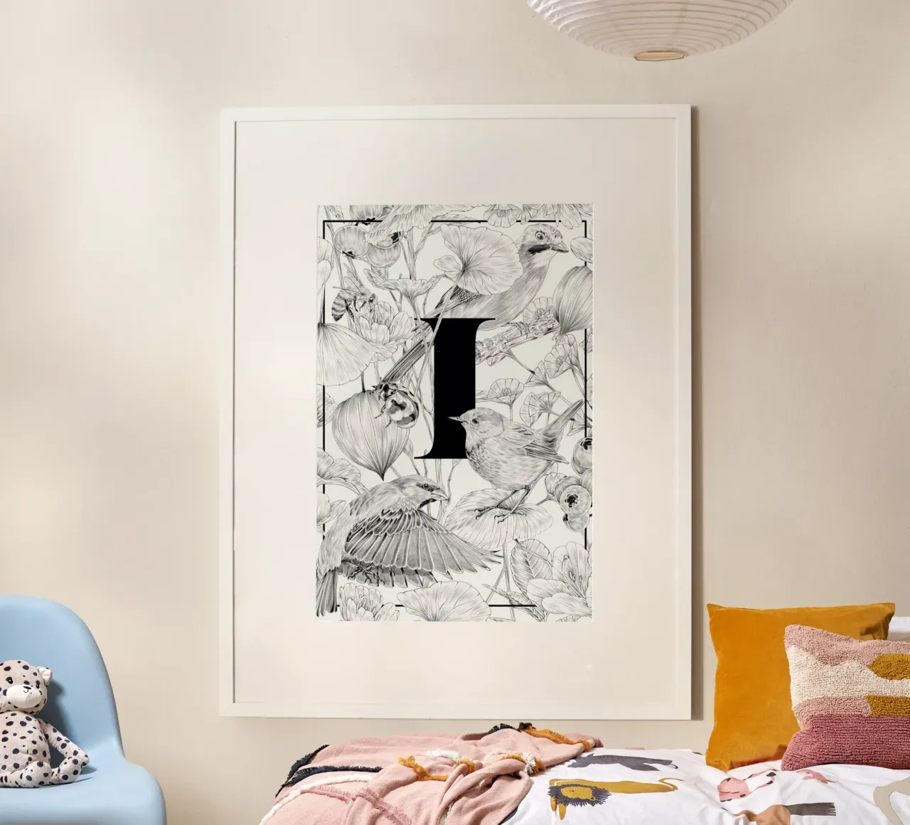 Floral Alphabet I poster con telaio in legno da Faunesque
