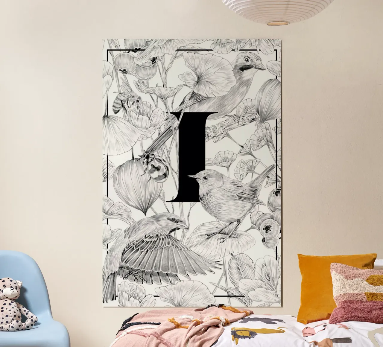Floral Alphabet I poster con telaio in legno da Faunesque