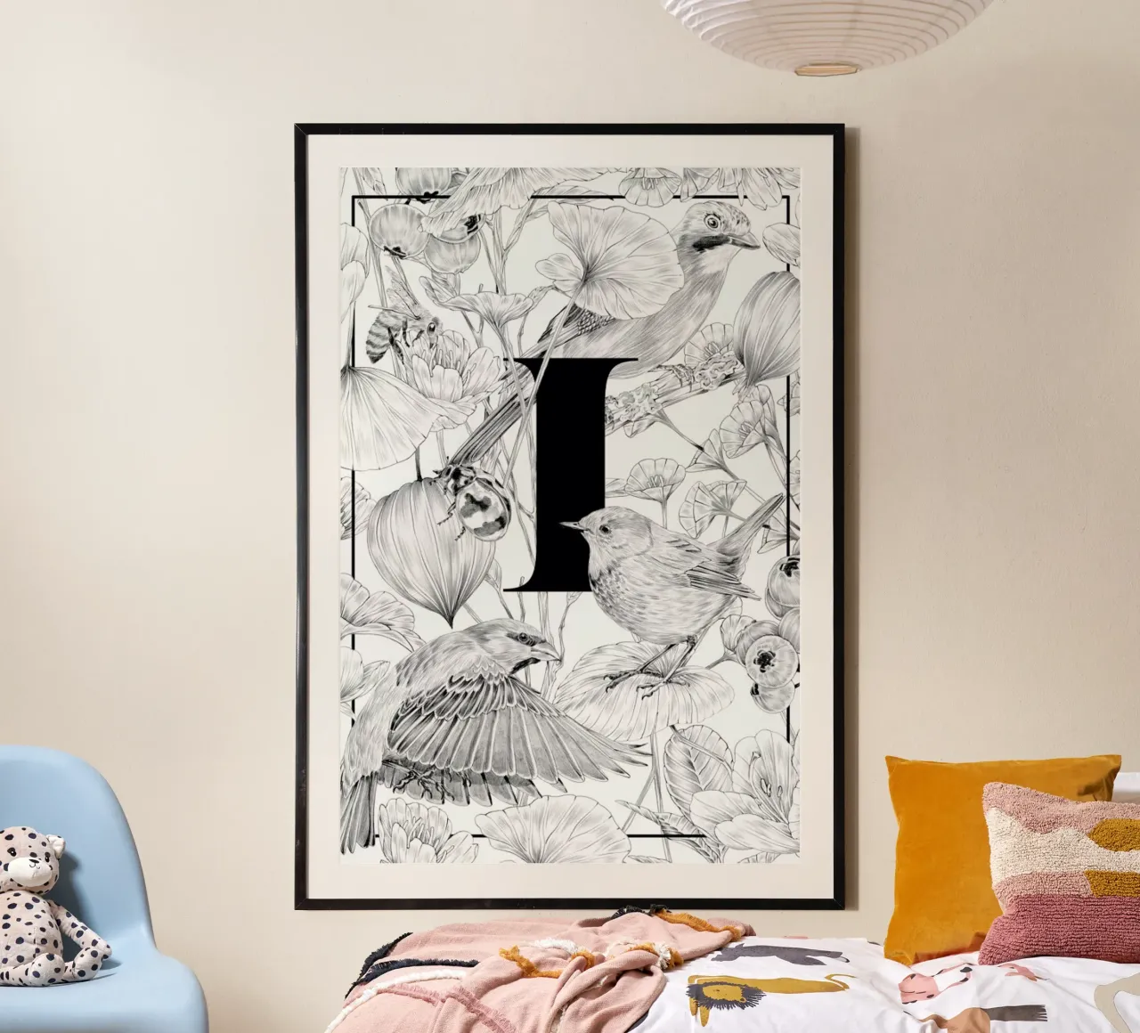 Floral Alphabet I poster con telaio in legno da Faunesque