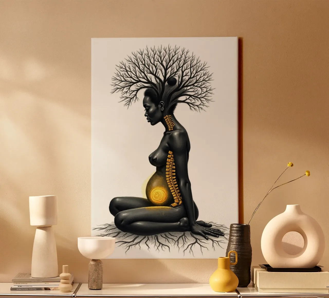Gouden dochters: Moeder geworteld in licht canvas met Baklijst van Dustlight Atelier