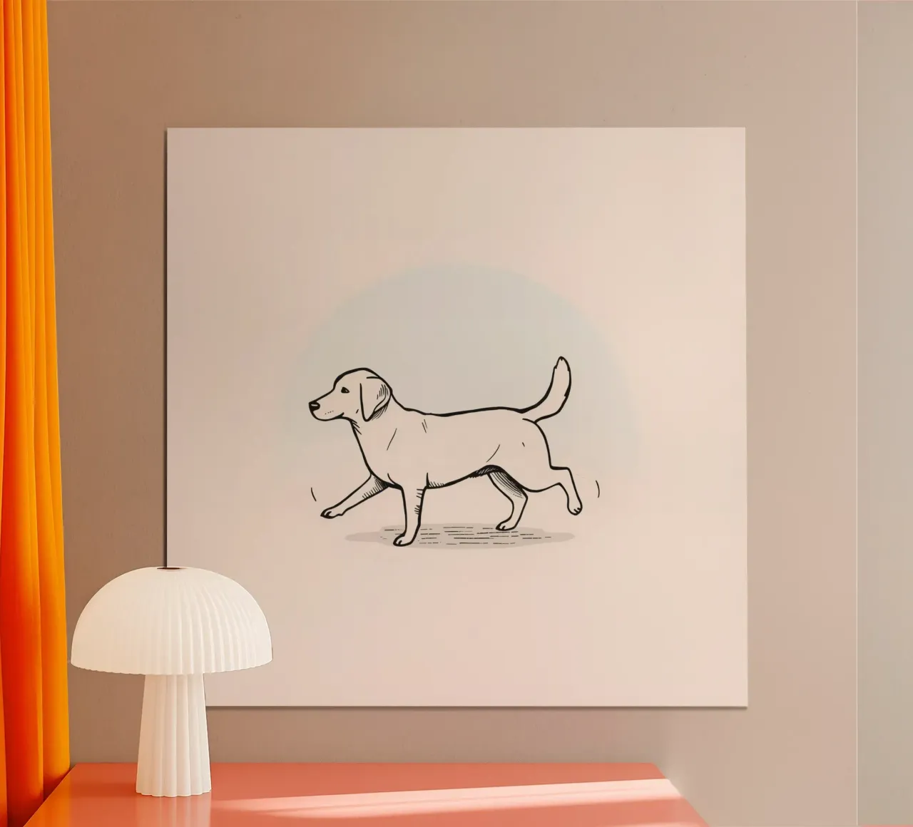 Chien marchant sur un fond clair avec une mise au point douce poster avec cadre en plastique de DesignDoodle
