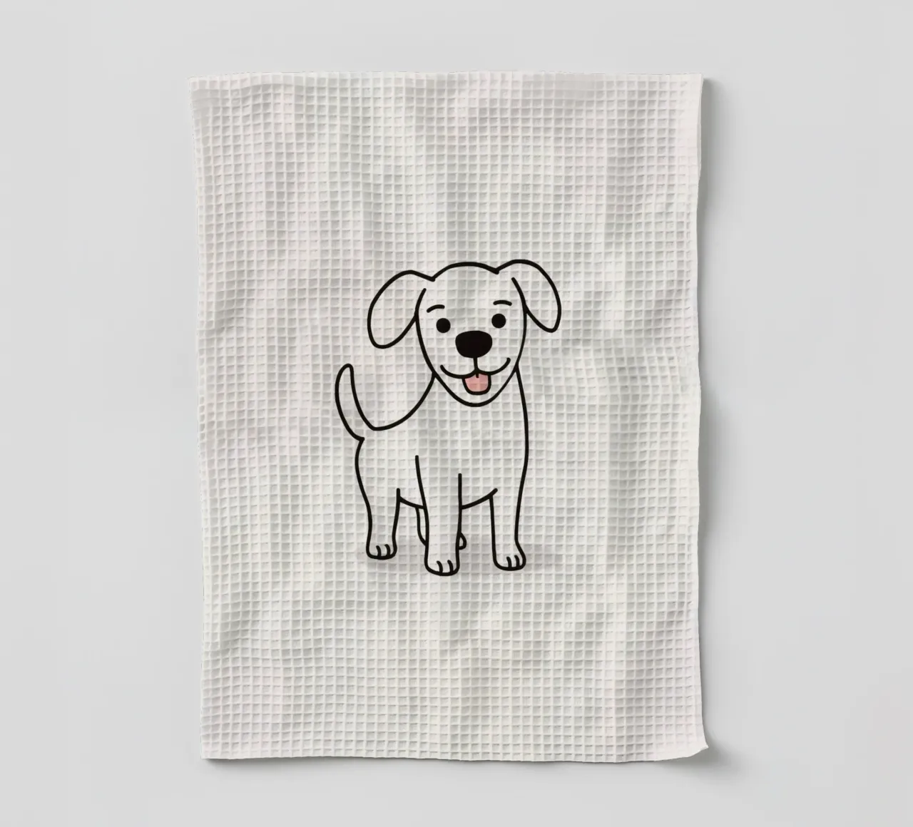 Carino cucciolo bianco in piedi felice su uno sfondo chiaro canovaccio da cucina da DesignDoodle