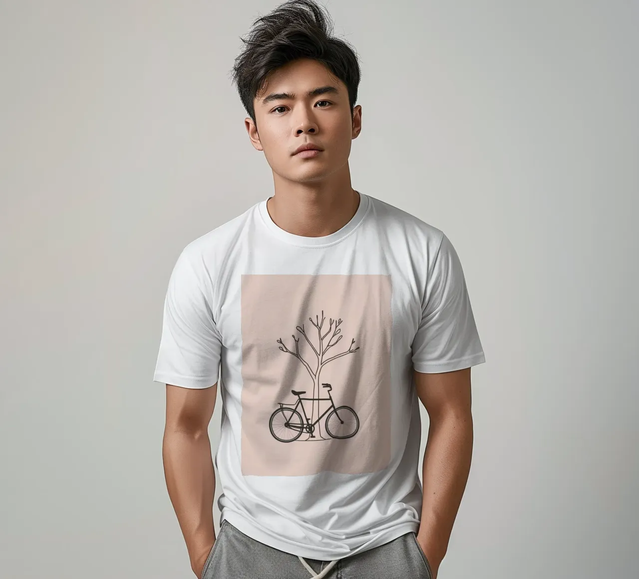 Bicicleta apoyada en un árbol desnudo sobre un fondo apagado camiseta de DesignDoodle
