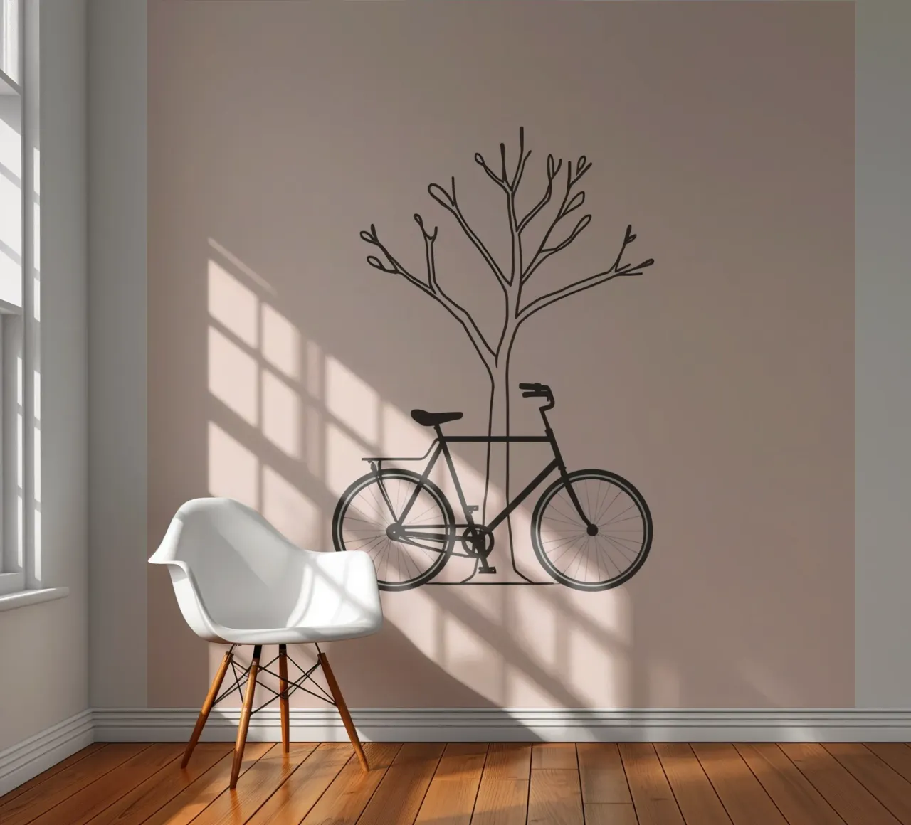 Bicycle leaning against a bare tree on a muted background photo wallpaper by DesignDoodle
