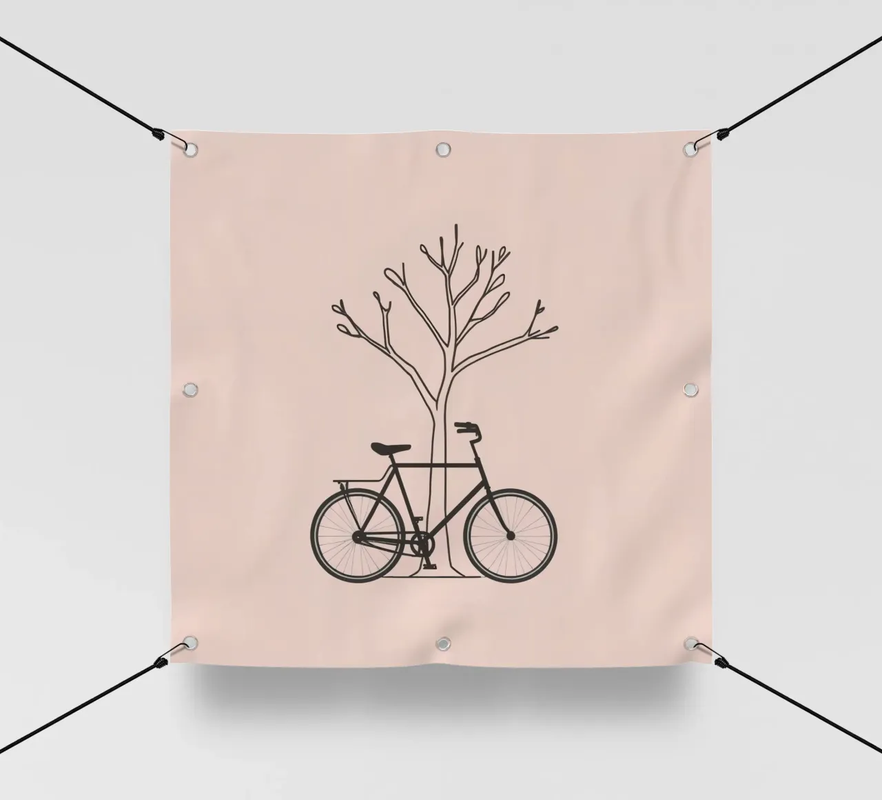 Bicicletta appoggiata a un albero spoglio su uno sfondo muto telo in pvc da DesignDoodle