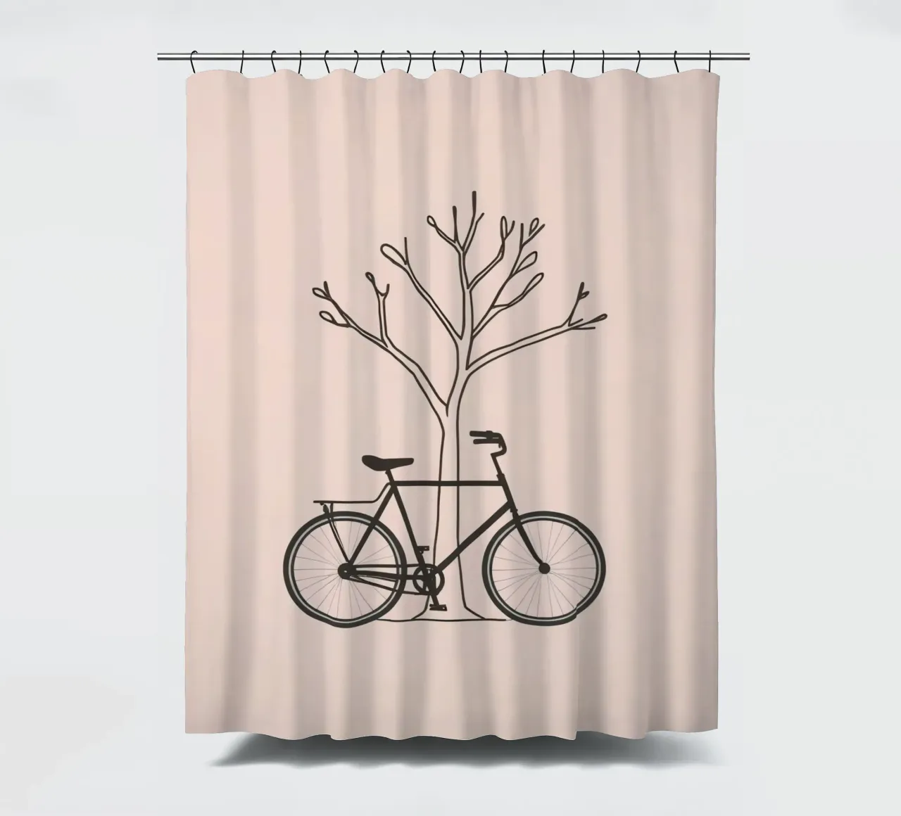 Bicycle leaning against a bare tree on a muted background shower curtain by DesignDoodle