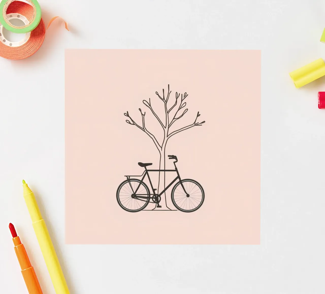 Bicycle leaning against a bare tree on a muted background sticker by DesignDoodle