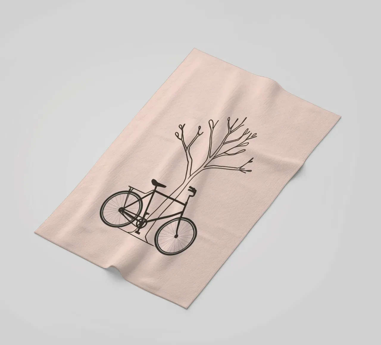 Bicicletta appoggiata a un albero spoglio su uno sfondo muto telo mare da DesignDoodle