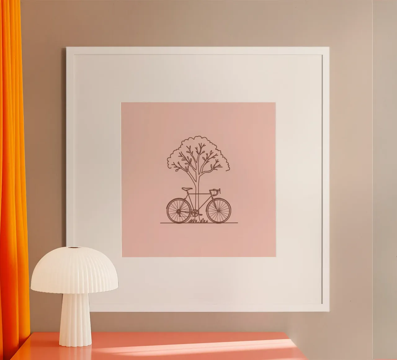 Bicycle leaning against a tree in a park with simple design hahnemühle by DesignDoodle