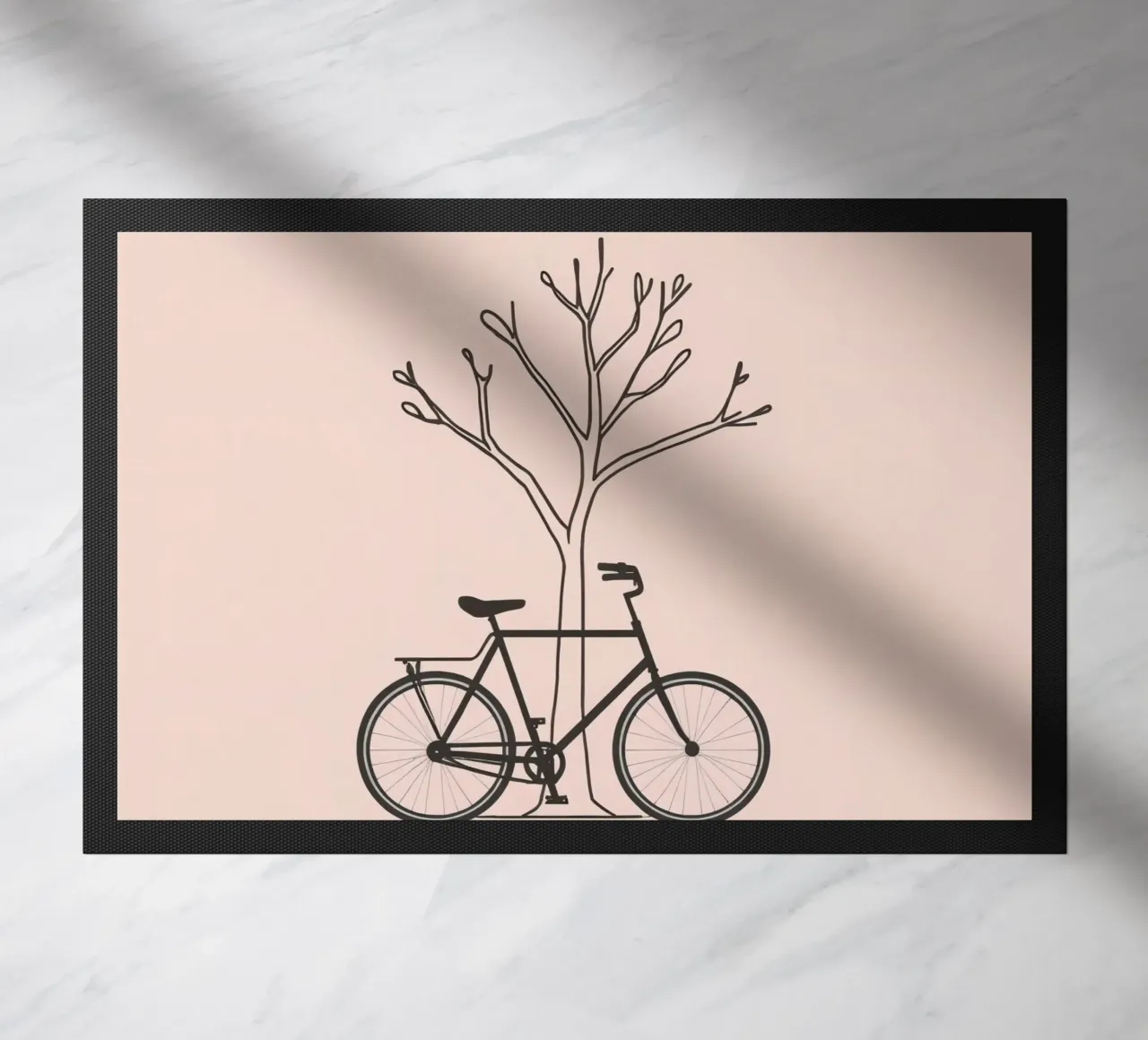 Bicycle leaning against a bare tree on a muted background doormat by DesignDoodle