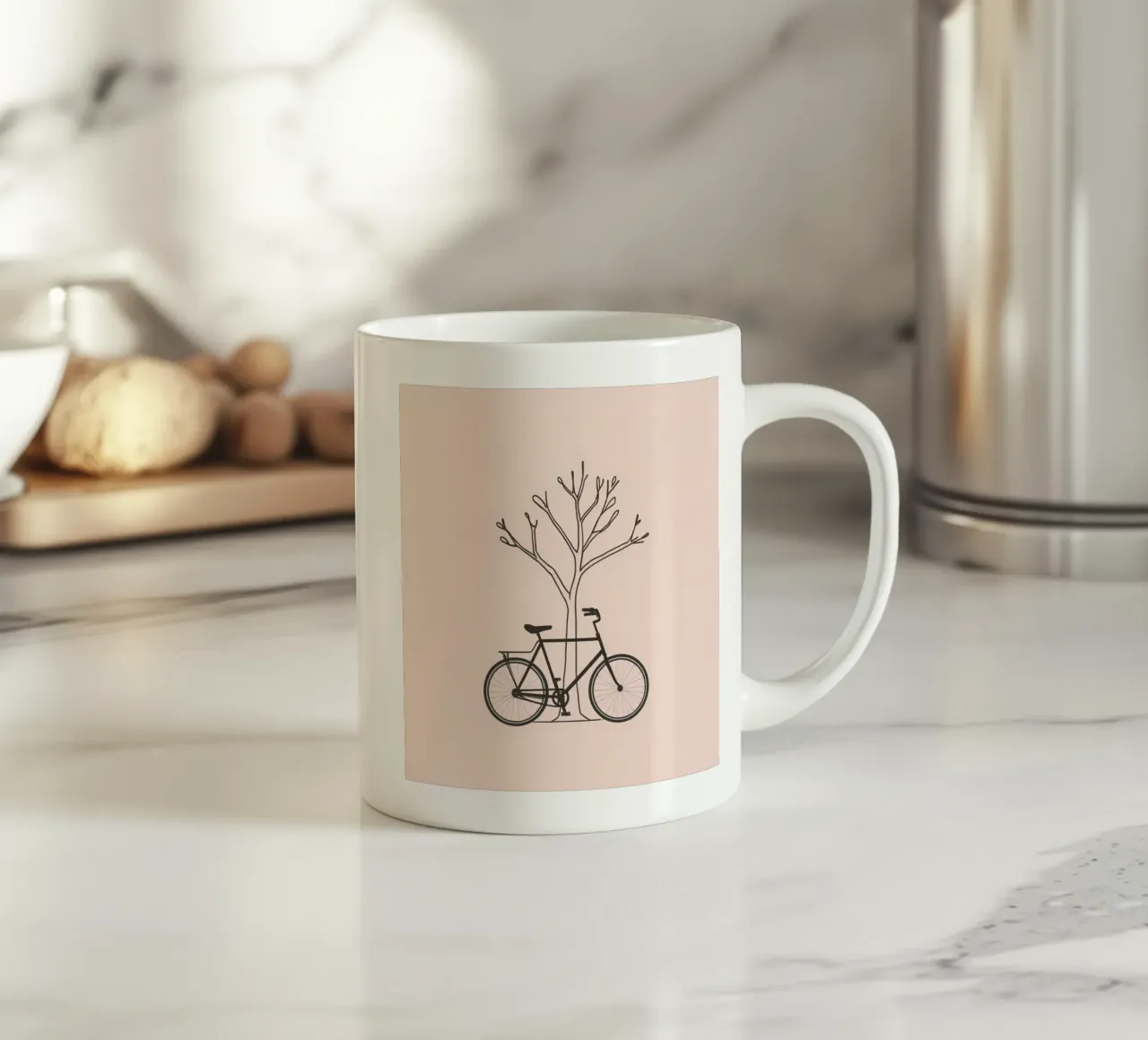 Bicycle leaning against a bare tree on a muted background ceramic mug by DesignDoodle