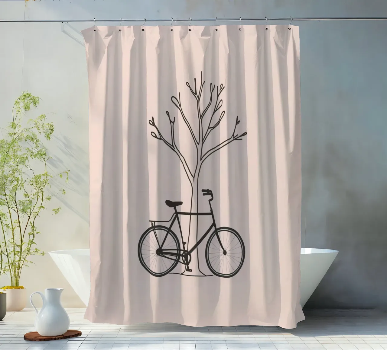 Bicycle leaning against a bare tree on a muted background shower curtain by DesignDoodle