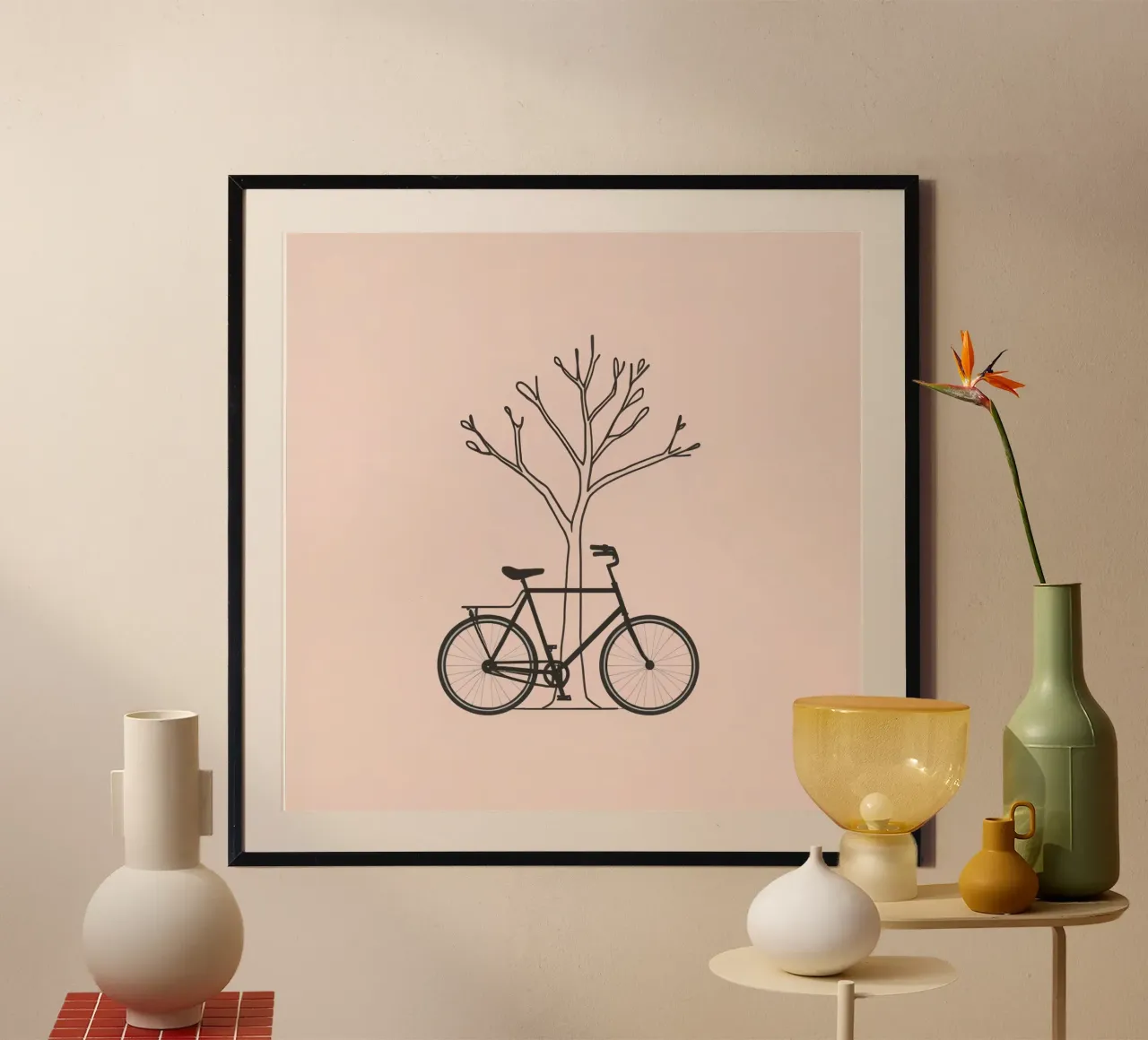 Bicycle leaning against a bare tree on a muted background hahnemühle by DesignDoodle