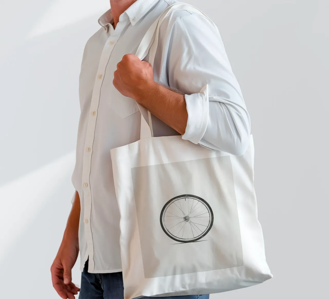 Schizzo dettagliato a matita di una ruota di bicicletta su un'opera d'arte semplice borsa in juta da DesignDoodle