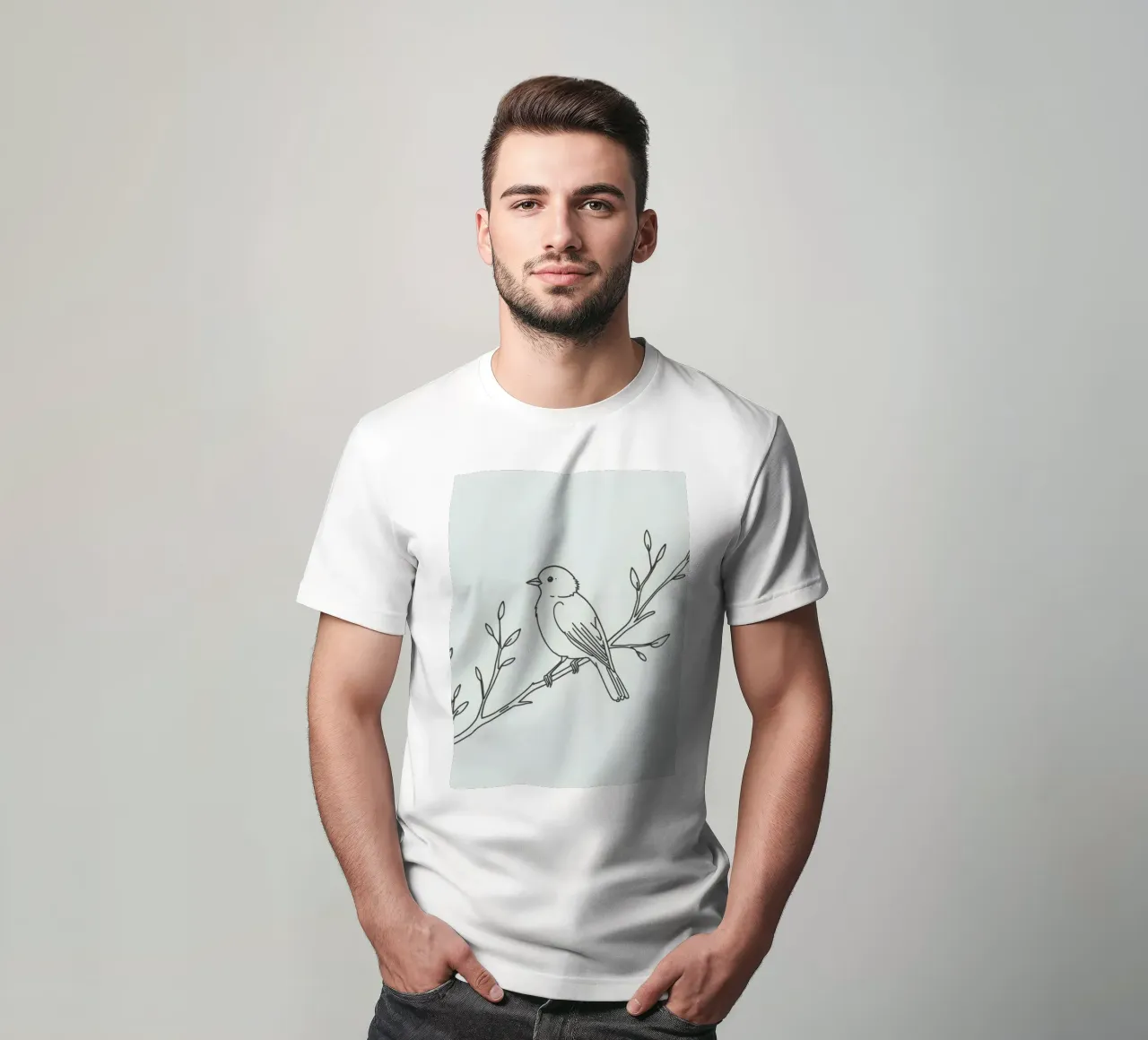 Bird perched on a branch with delicate leaves t-shirt by DesignDoodle