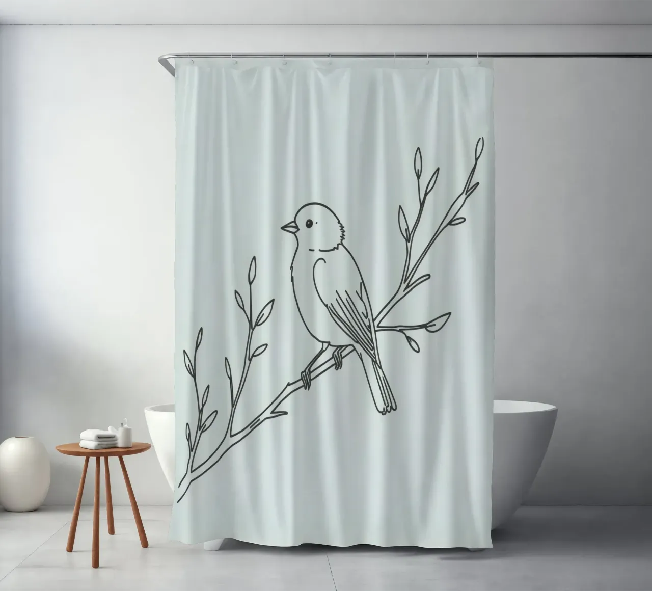 Vogel auf einem Zweig mit zarten Blättern sitzend Duschvorhang von DesignDoodle