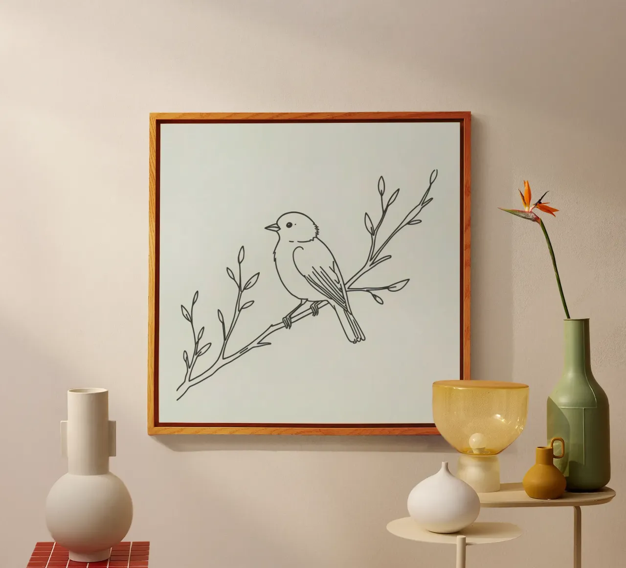Bird perched on a branch with delicate leaves acrylic glass by DesignDoodle