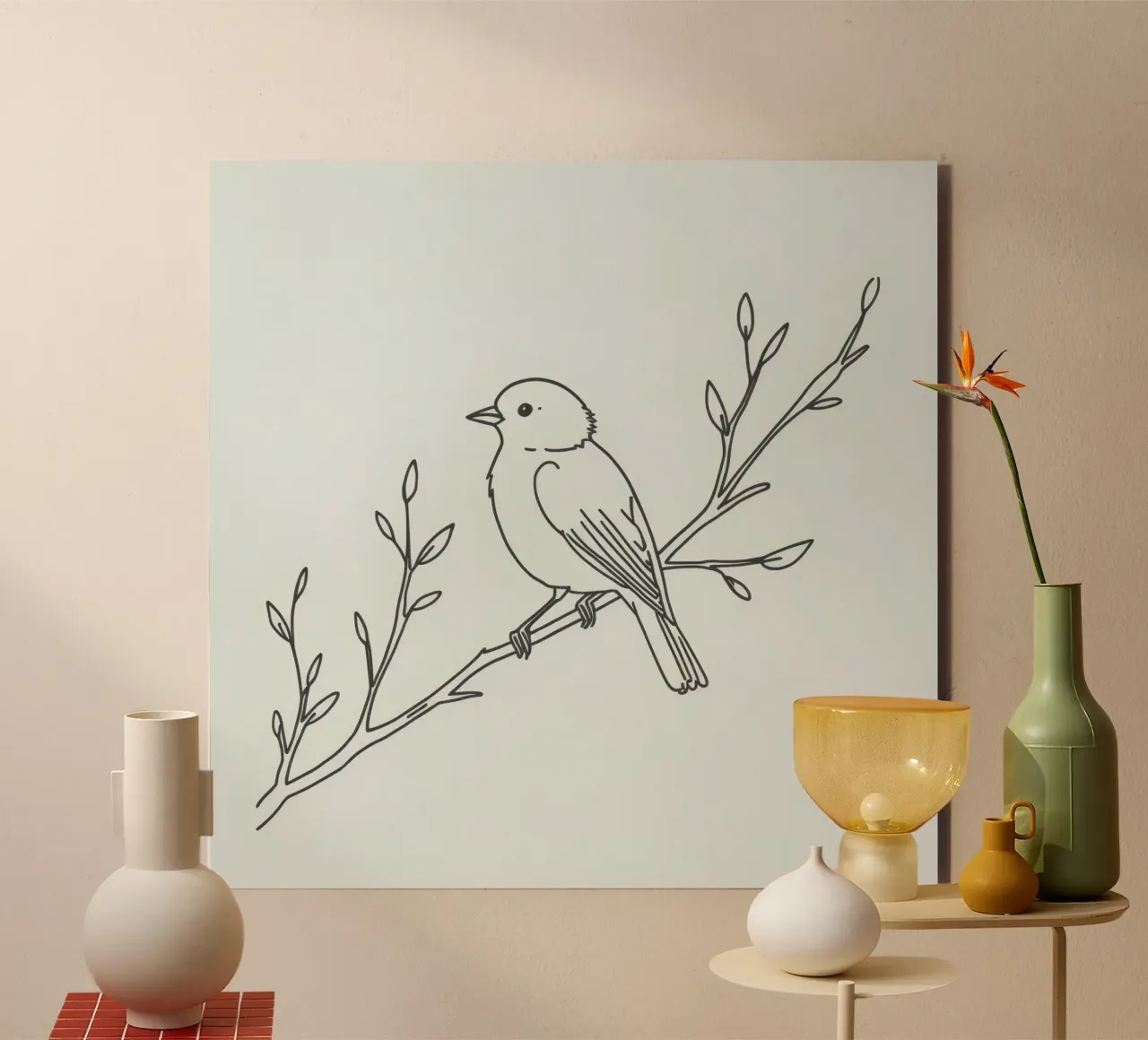 Bird perched on a branch with delicate leaves alu-dibond by DesignDoodle