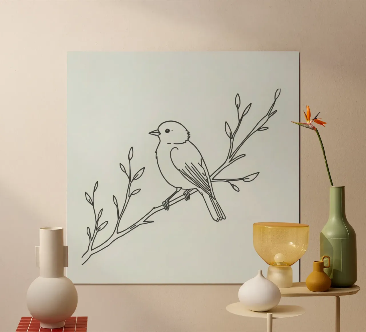 Bird perched on a branch with delicate leaves hahnemühle by DesignDoodle