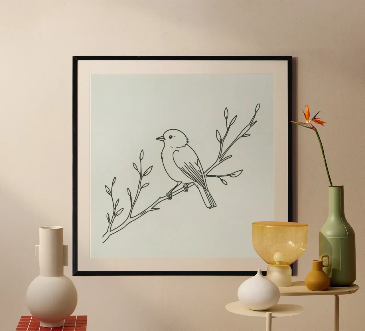 Bird perched on a branch with delicate leaves hahnemühle by DesignDoodle
