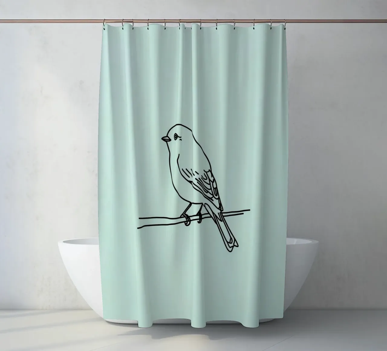 ein kleiner Vogel auf einem Zweig sitzend hellgrüner Hintergrund Duschvorhang von DesignDoodle