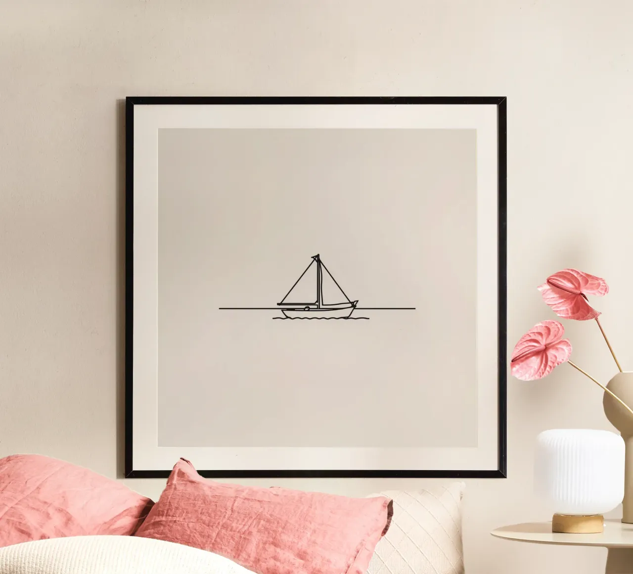 Sailboat gliding across calm waters under a clear sky hahnemühle by DesignDoodle