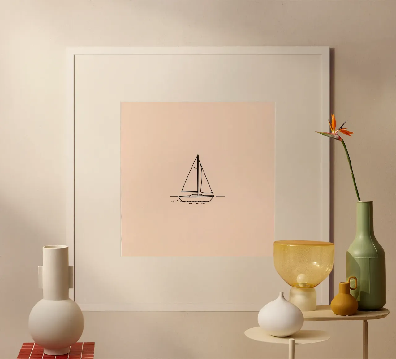 Sailboat gliding across calm waters at dusk with gentle wave hahnemühle by DesignDoodle