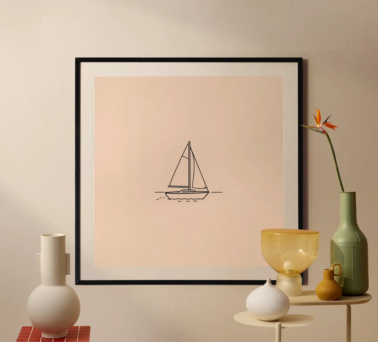 Sailboat gliding across calm waters at dusk with gentle wave hahnemühle by DesignDoodle