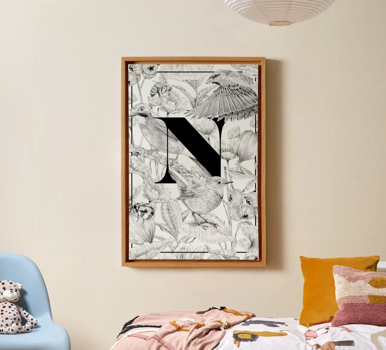 Floral Alphabet N canvas with Floater frame by Faunesque