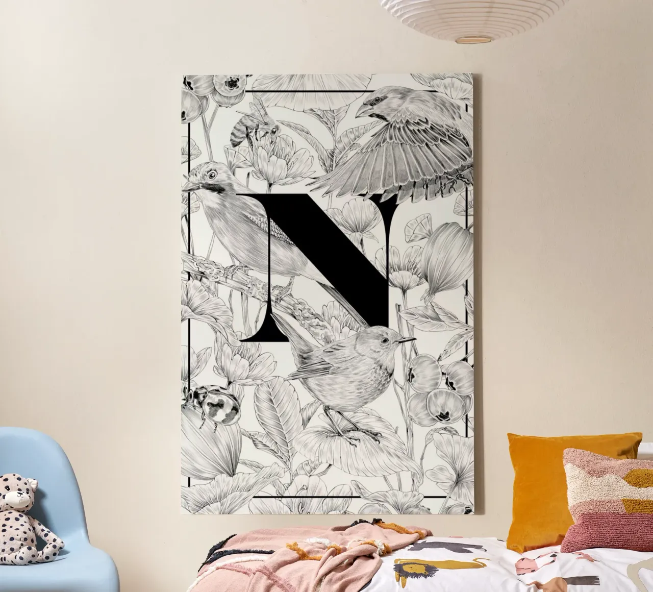 Floral Alphabet N canvas with Floater frame by Faunesque